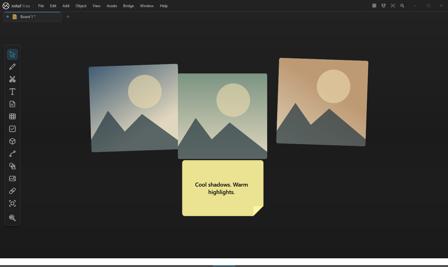 Reference images and a note together in the InRef workspace.