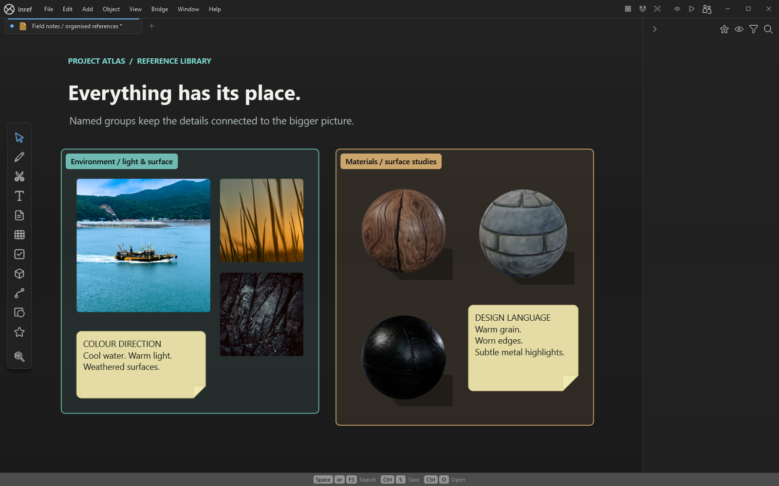 Reference images organised into named groups in the InRef workspace.